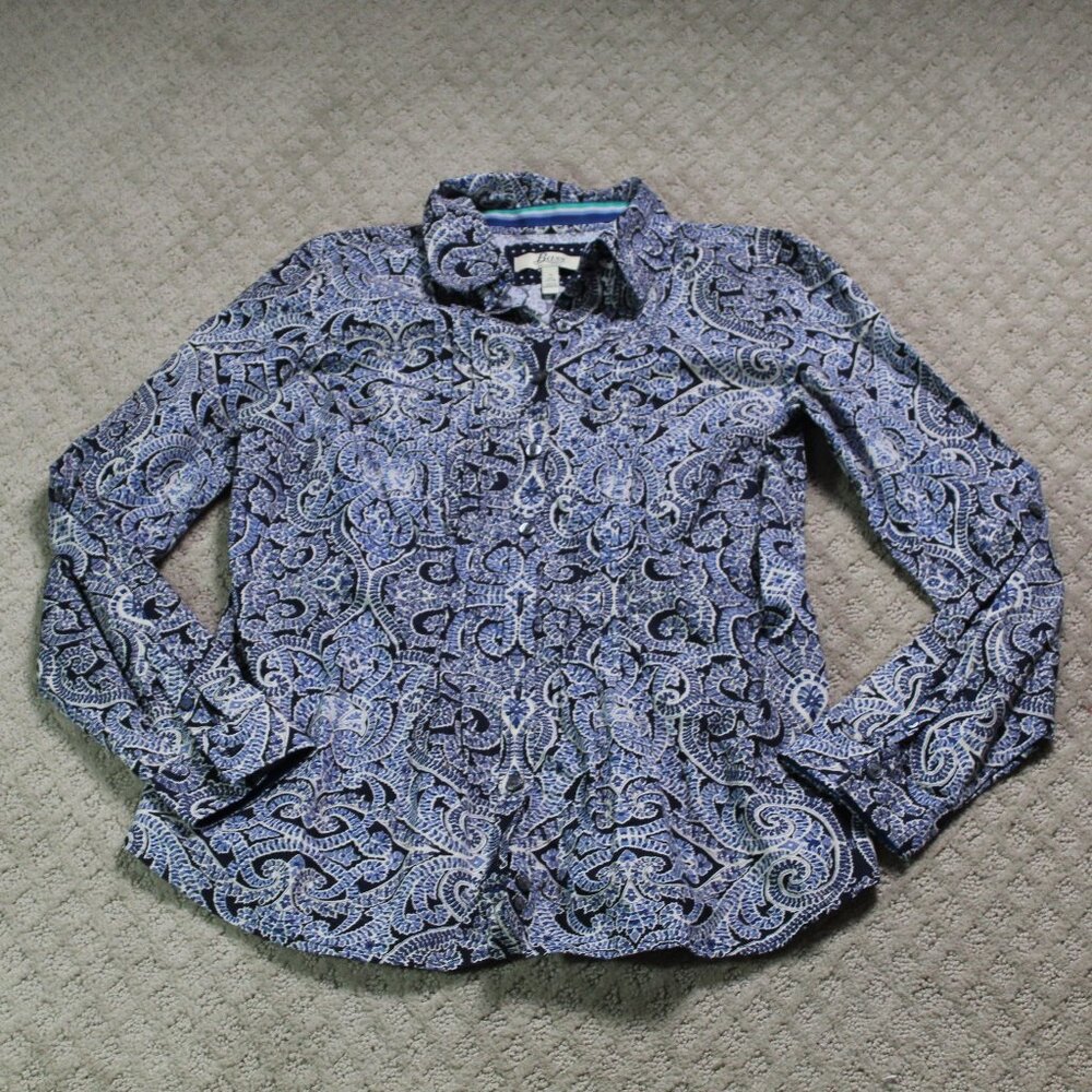 G.H. Bass & Co. Shirt Women M Medium Blue Floral Button Up Collared Long Sleeve